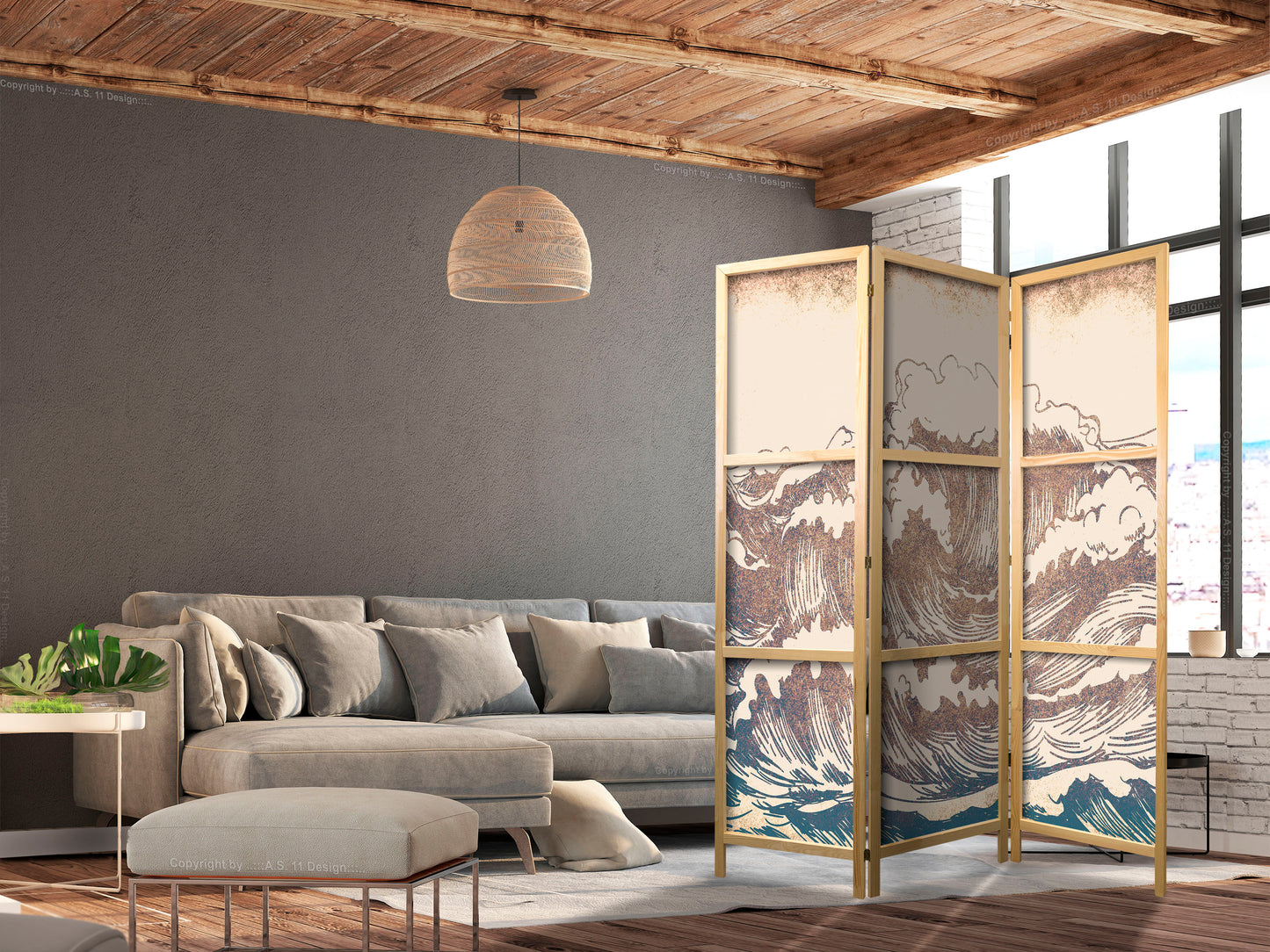 Japanese Room Divider - Turbulent Ocean - High Waves in Brown and Navy on a Beige Background in Vintage Style