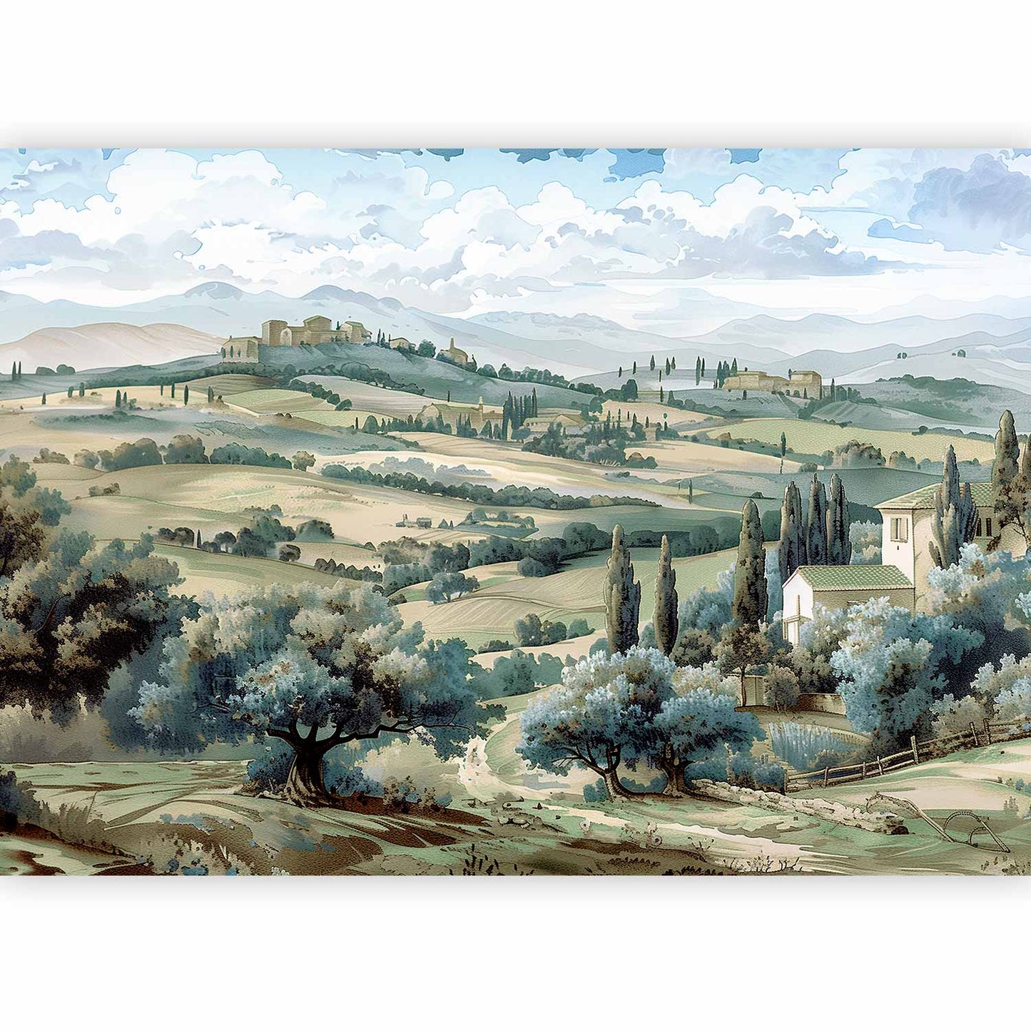 Wall Mural - Landscape with Green Fields and Trees Tuscan Sunny View