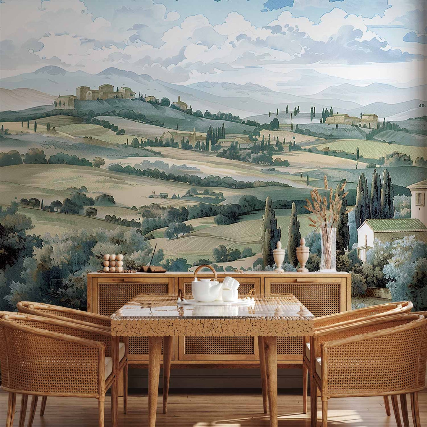 Wall Mural - Landscape with Green Fields and Trees Tuscan Sunny View