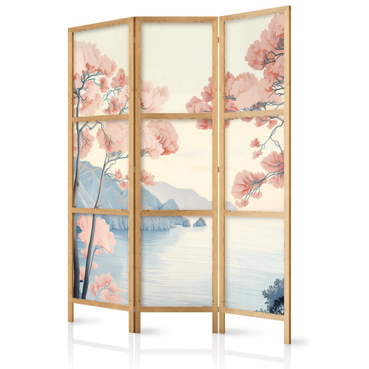 Japanese Room Divider - Landscape with the Ocean - Cliffs - and Trees in Delicate Pink Shades.