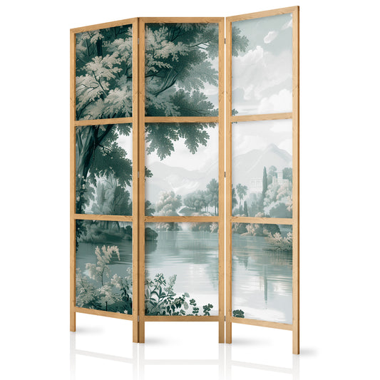 Japanese Room Divider - View of the Park and Lake - Retro Vintage Landscape in Greens.