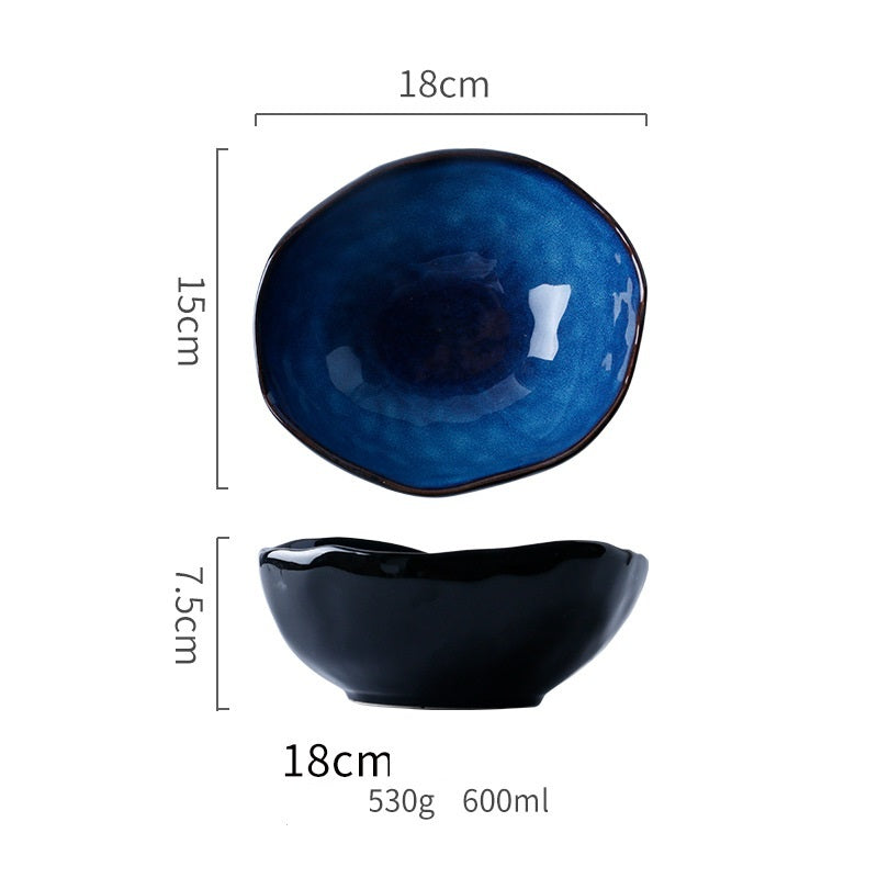Blue ceramic dish. Irregular artistic flat plates