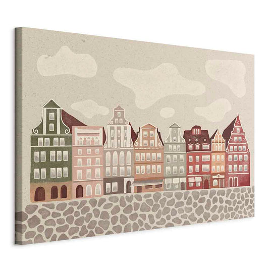 Canvas Print - Salt Square - Colorful Illustrated Townhouses Against a Cloudy Sky Background