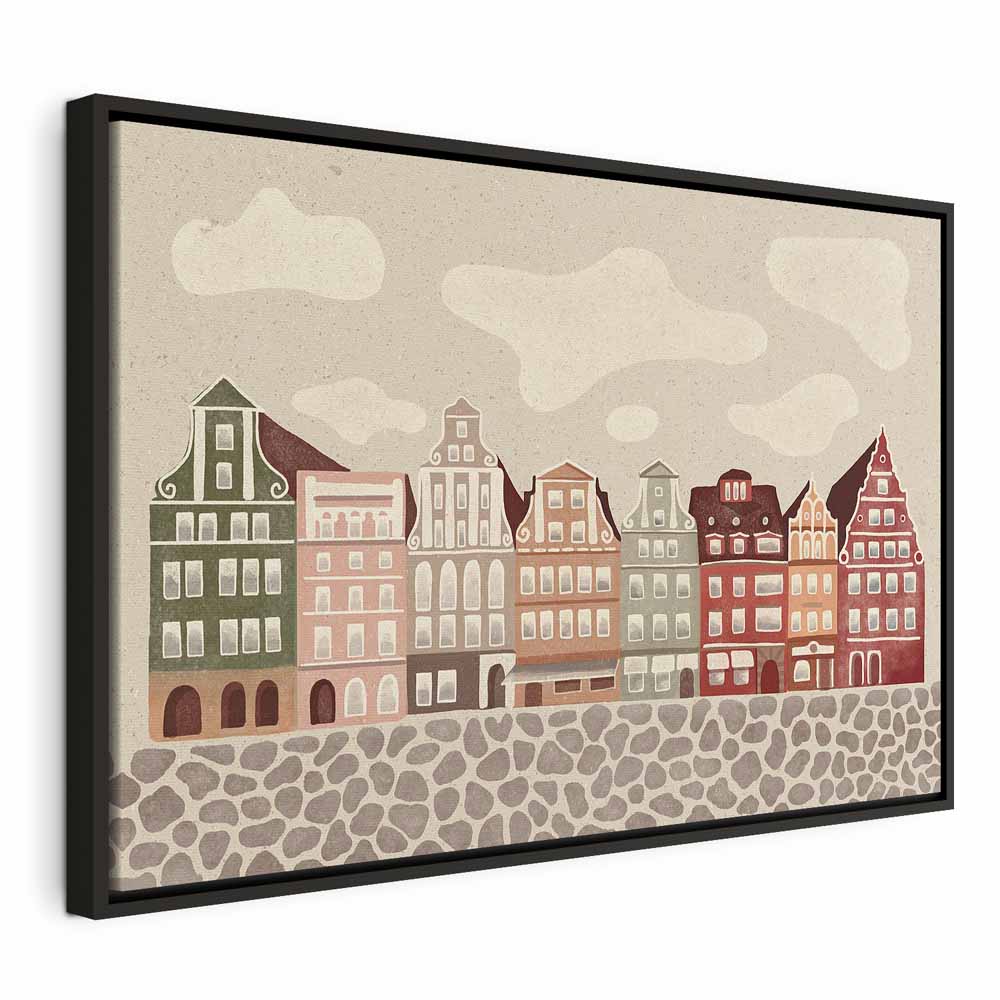 Impresión en lienzo - Salt Square - Casas adosadas coloridas ilustradas sobre un fondo de cielo nublado