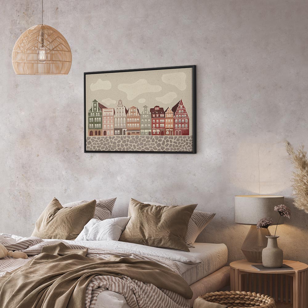 Impresión en lienzo - Salt Square - Casas adosadas coloridas ilustradas sobre un fondo de cielo nublado
