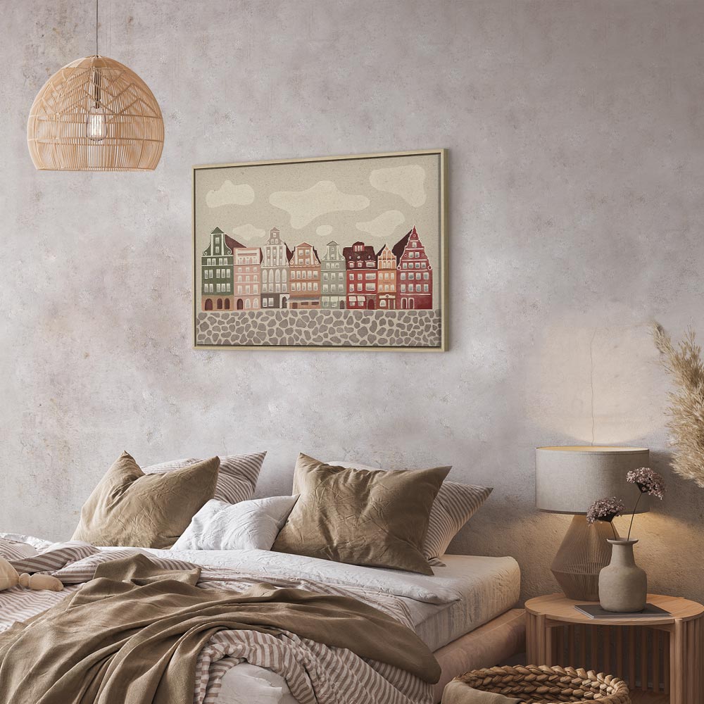 Impresión en lienzo - Salt Square - Casas adosadas coloridas ilustradas sobre un fondo de cielo nublado
