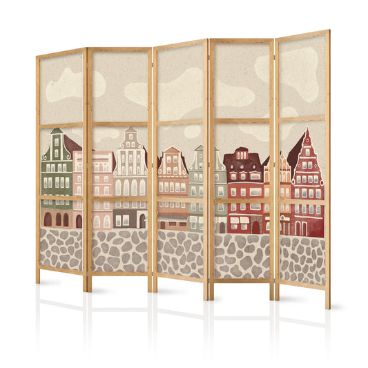 Japanese Room Divider - Solny Square - Colorfully Illustrated Townhouses Against a Sky with Clouds.
