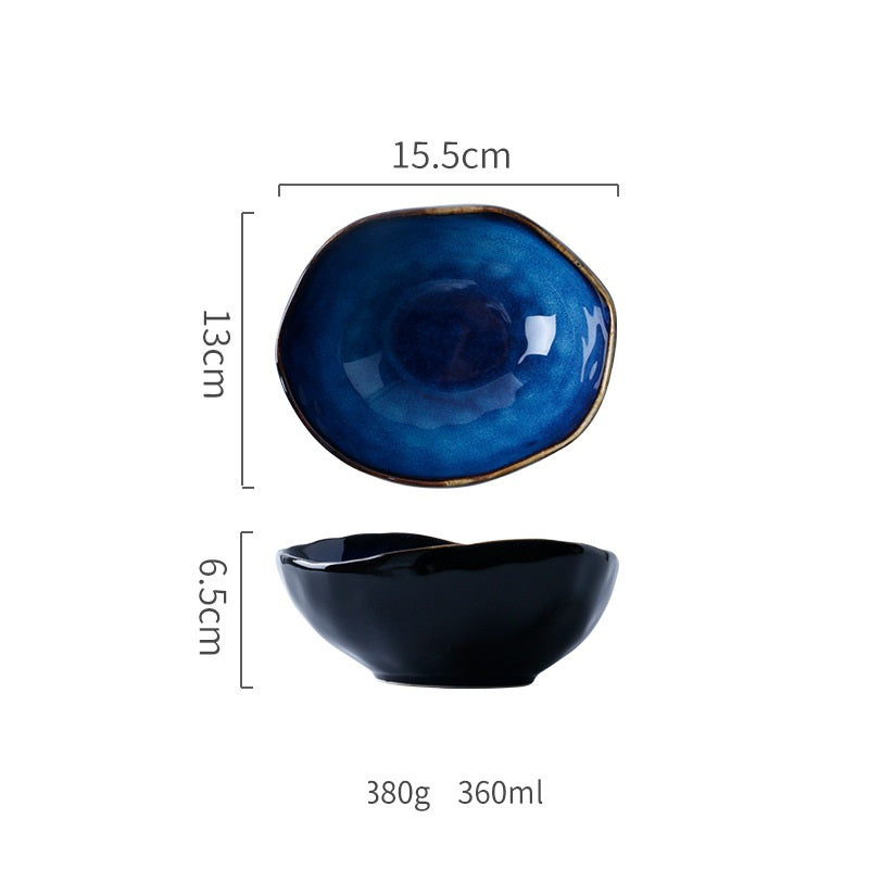 Blue ceramic dish. Irregular artistic flat plates