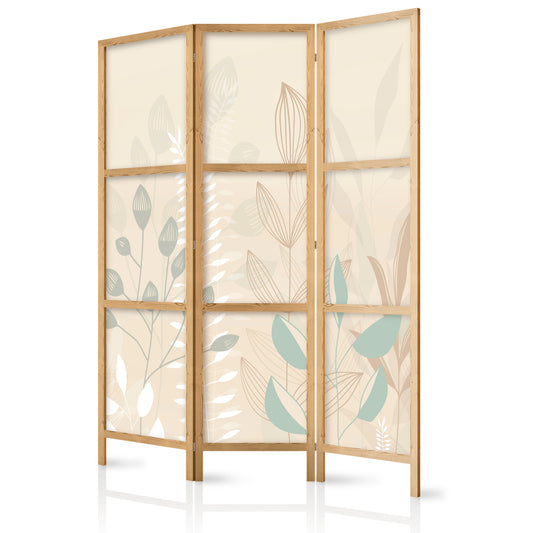 Japanese Room Divider - Morning in the Meadow - Various pastel plants on a beige background.