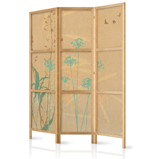Japanese Room Divider - Tiny Bird - Colorful grasses in golden shades of sunset.