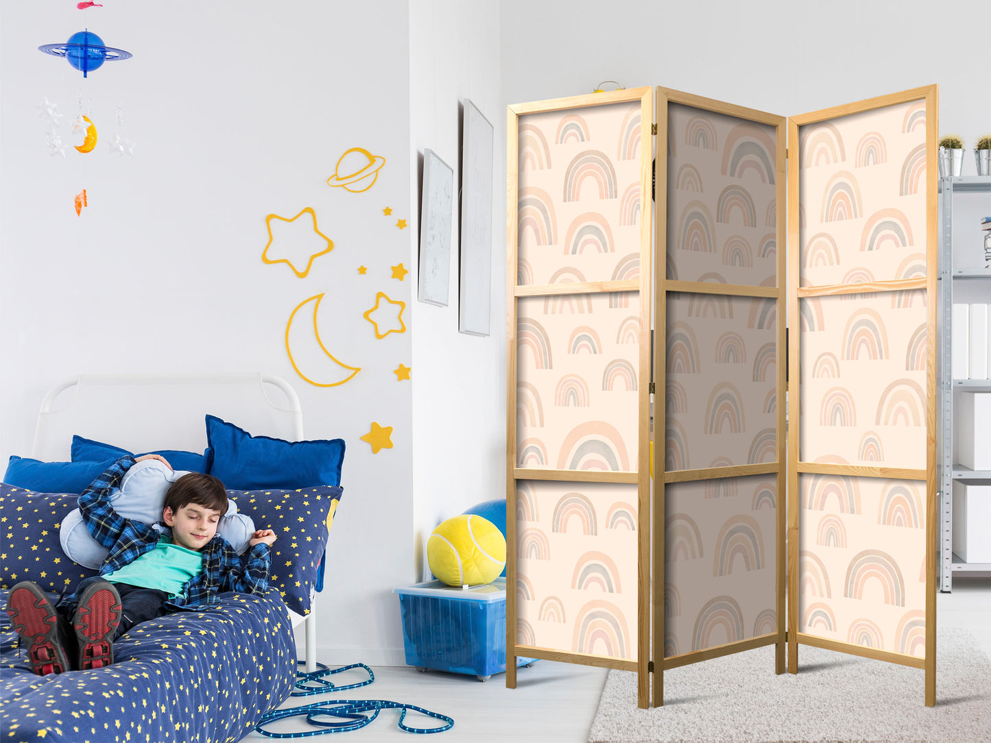 Japanese Room Divider - August Sky - Rainbows of Various Sizes in Muted Colors.
