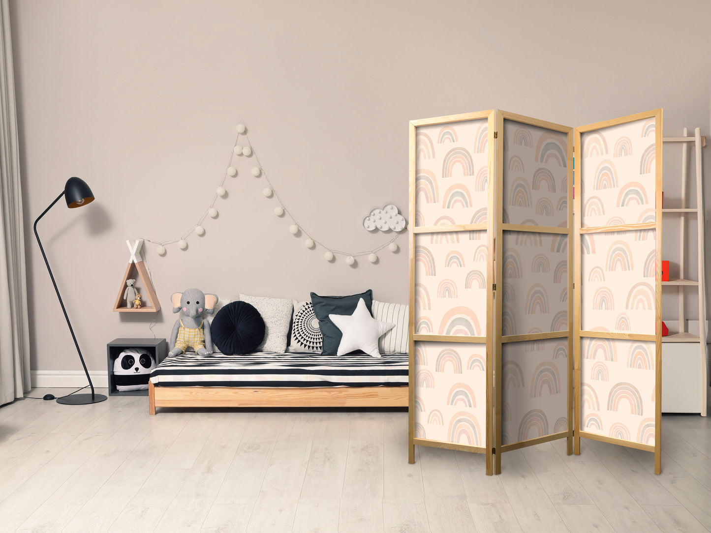 Japanese Room Divider - August Sky - Rainbows of Various Sizes in Muted Colors.