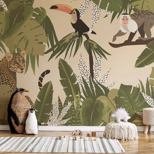 Wall Mural - Leaves and Shapes - Jungle in Faded Colours With Animals