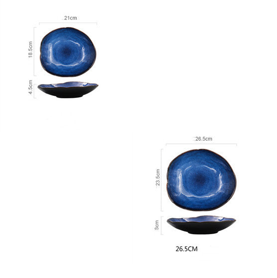 Blue ceramic dish. Irregular artistic flat plates
