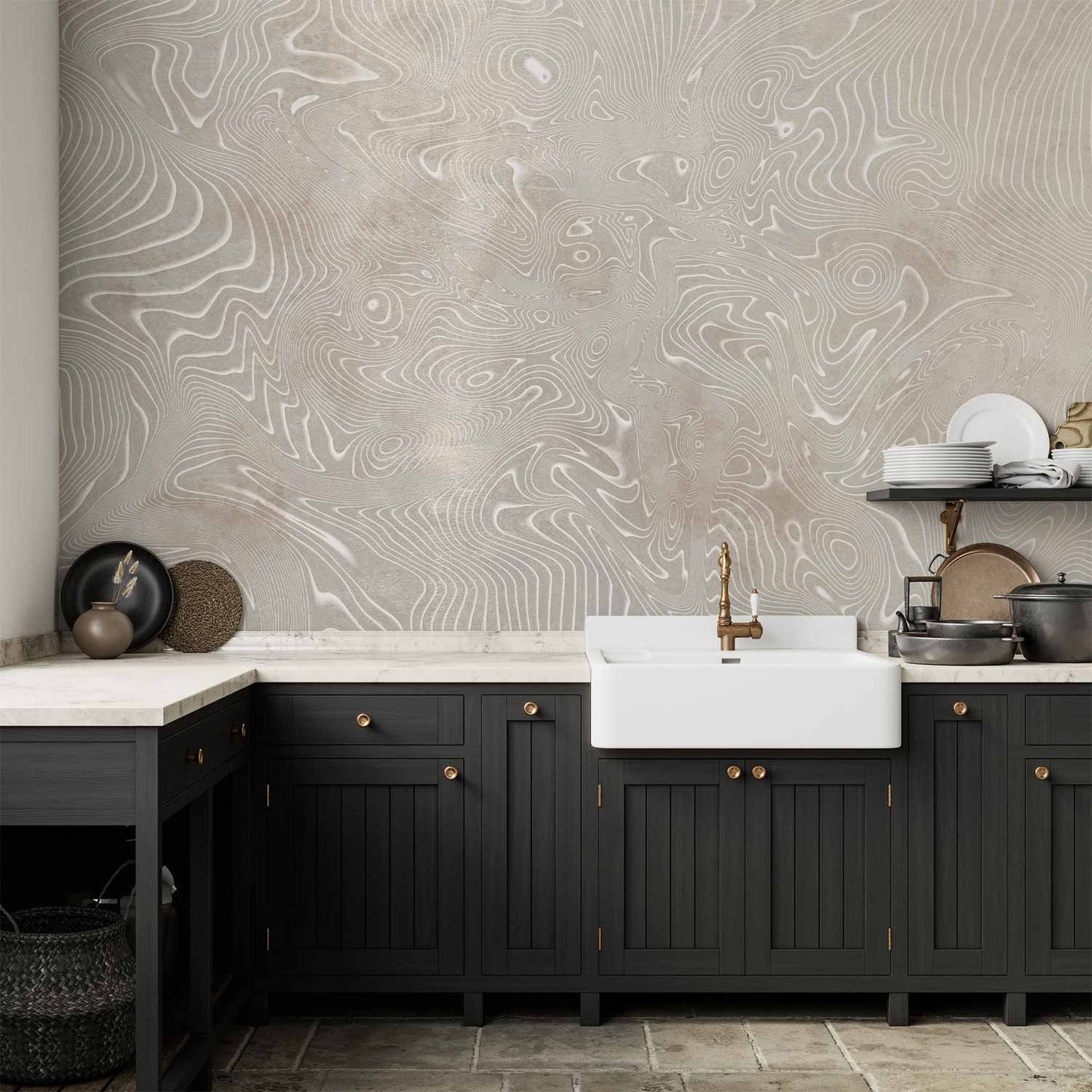Wall Mural - Flowing shapes - abstract beige and white background in patterned compositions