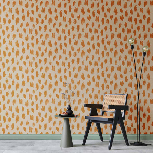 Wallpaper - Drawn Pattern in Dots and Spots - in shades of orange and ecru.